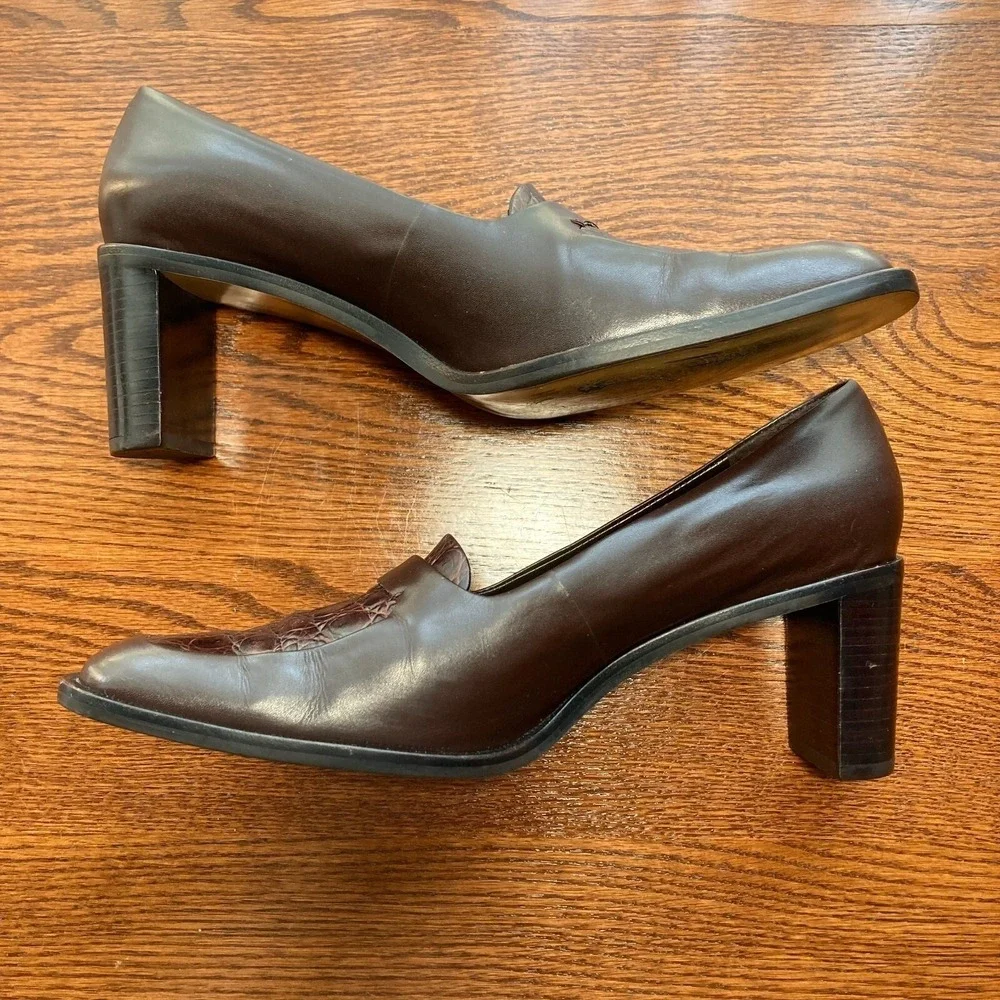 VTG Worthington Embossed Dark Brown Leather Chunky Block Heel Womens 7.5 Y2k